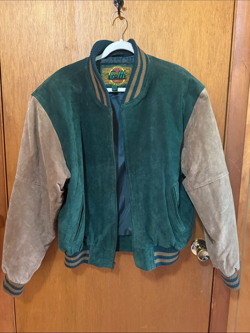 Suede Global Identity GIII Colorblock Bomber Jacket in Forest Green & Tan